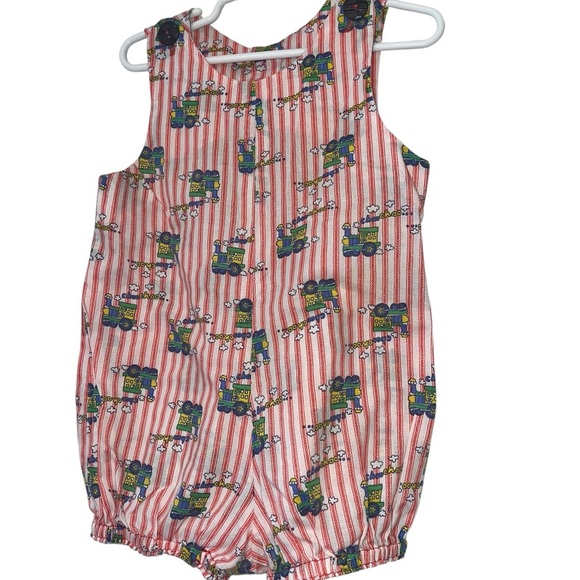 Vintage red white Striped Train Print Romper choo choo - Picture 1 of 2
